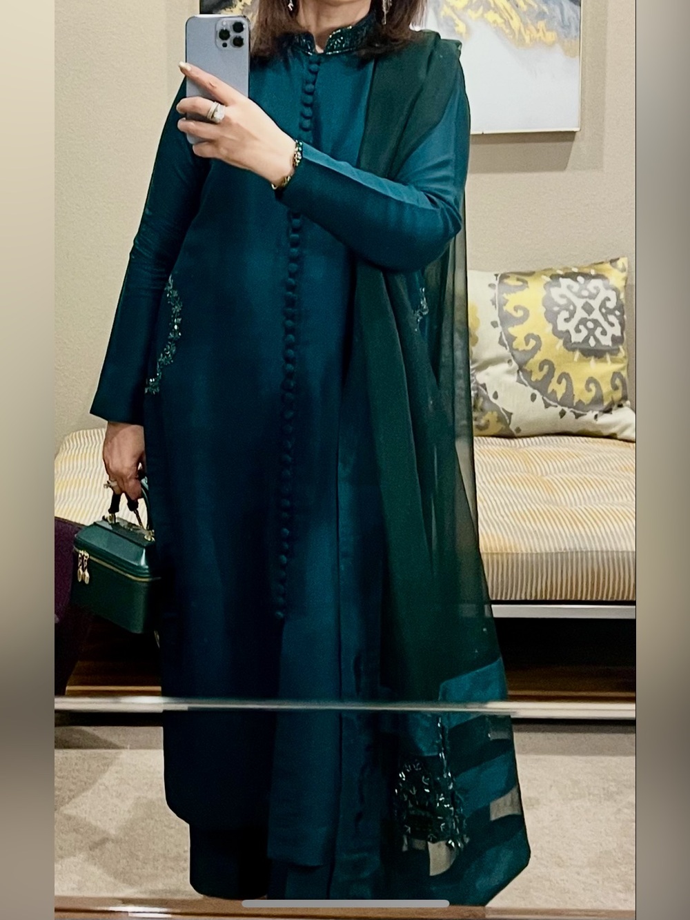 Elegant Teal Long-Sleeve Dress with Matching Dupatta